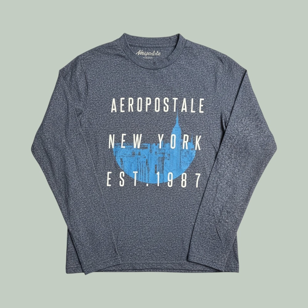 Aeropostale Shirt Mens S Long Sleeve New York NYC Heather Navy Blue Graphic Tee